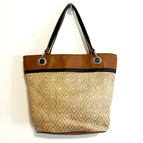 Tignanello Rattan and Faux Leather Diamond Patterned Tote Bag in Beige/Brown - Picture 1 of 9